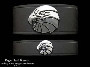 Eagle Head Bracelet Sterling Silver on Genuine Leather