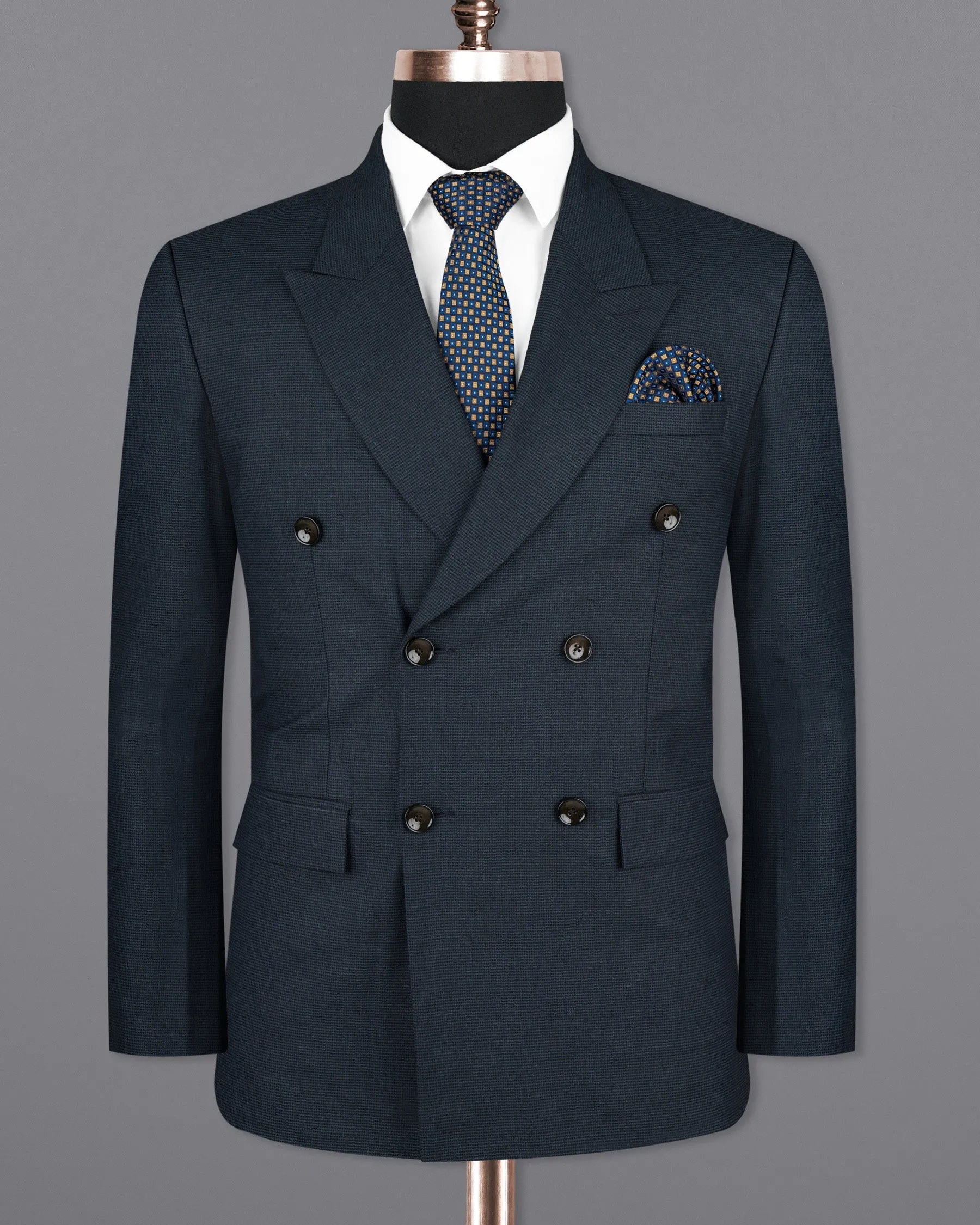 Ebony Clay Blue houndstooth Wool Rich Double Breasted Blazer