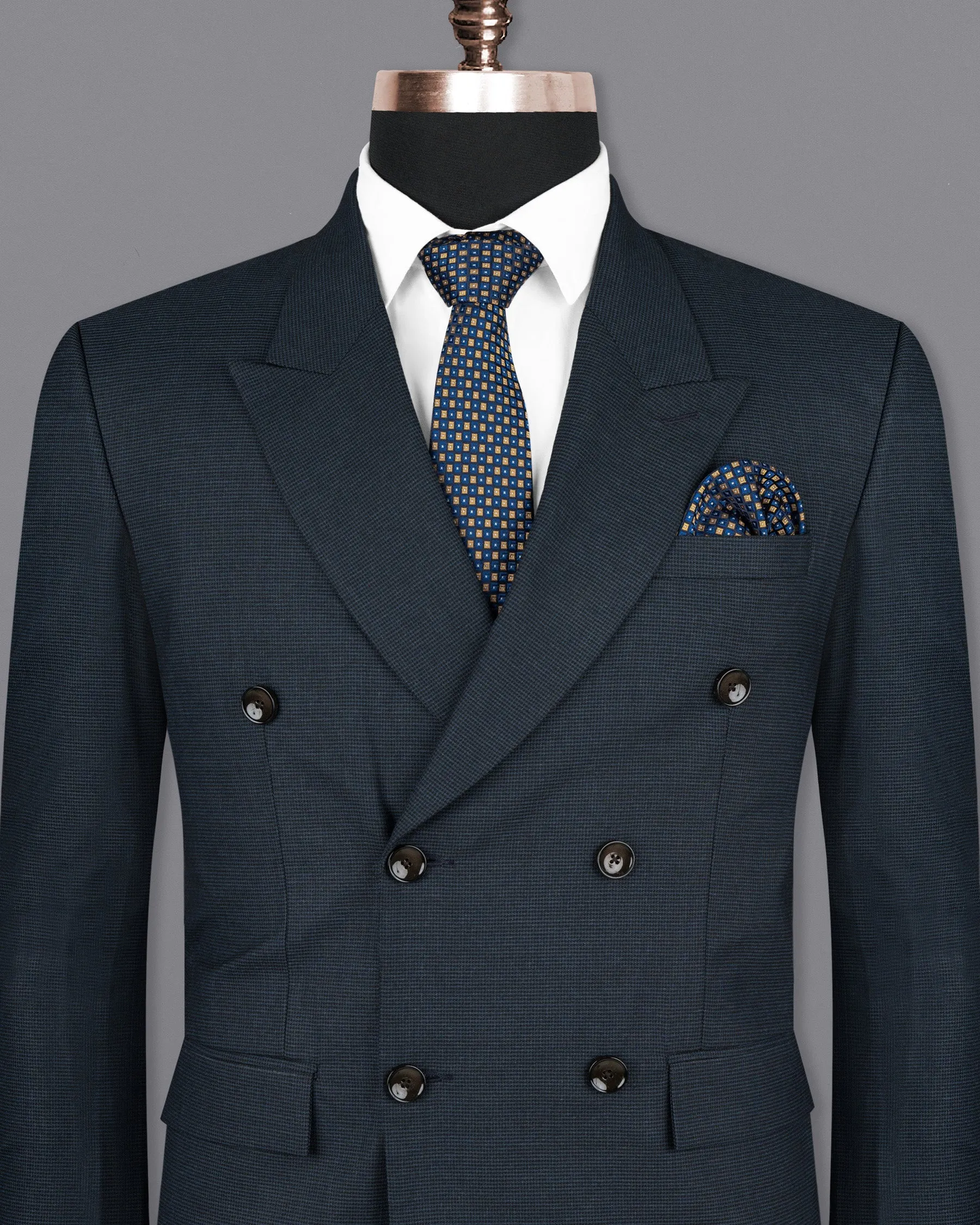 Ebony Clay Blue houndstooth Wool Rich Double Breasted Blazer