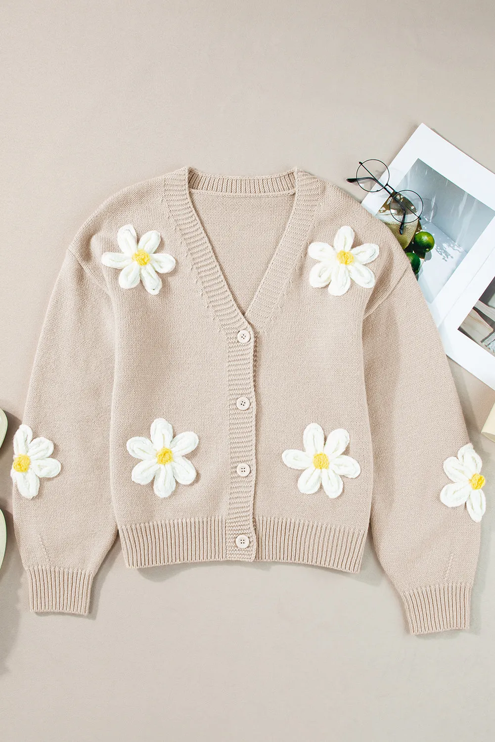 Elegant Flower Decor Button Front Cardigan