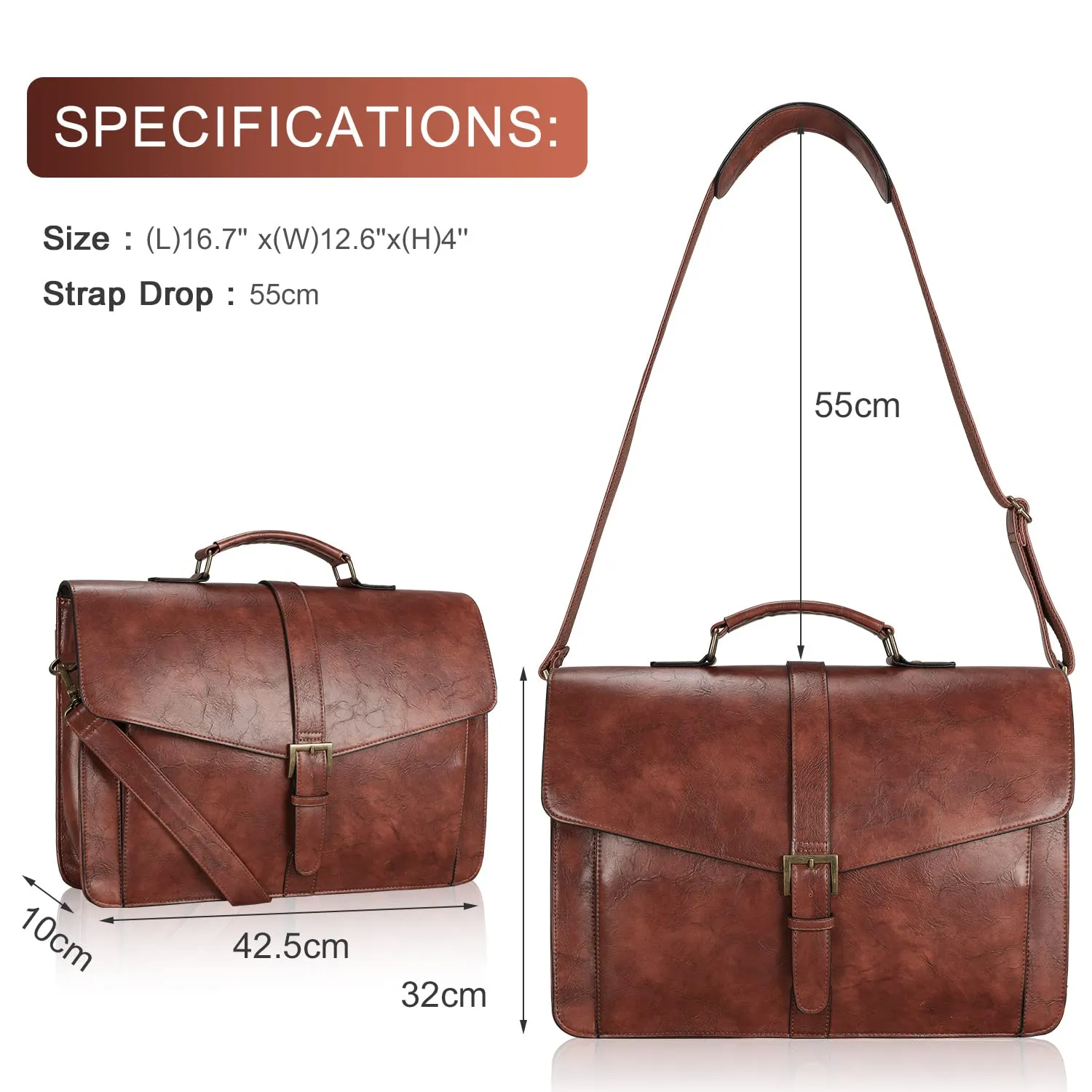 ESTARER Men's Leather Briefcase 15.6 Inch Laptop Messenger Bag for Business/Travel/Office, Professional Leather Computer Shoulder Bag, Brown