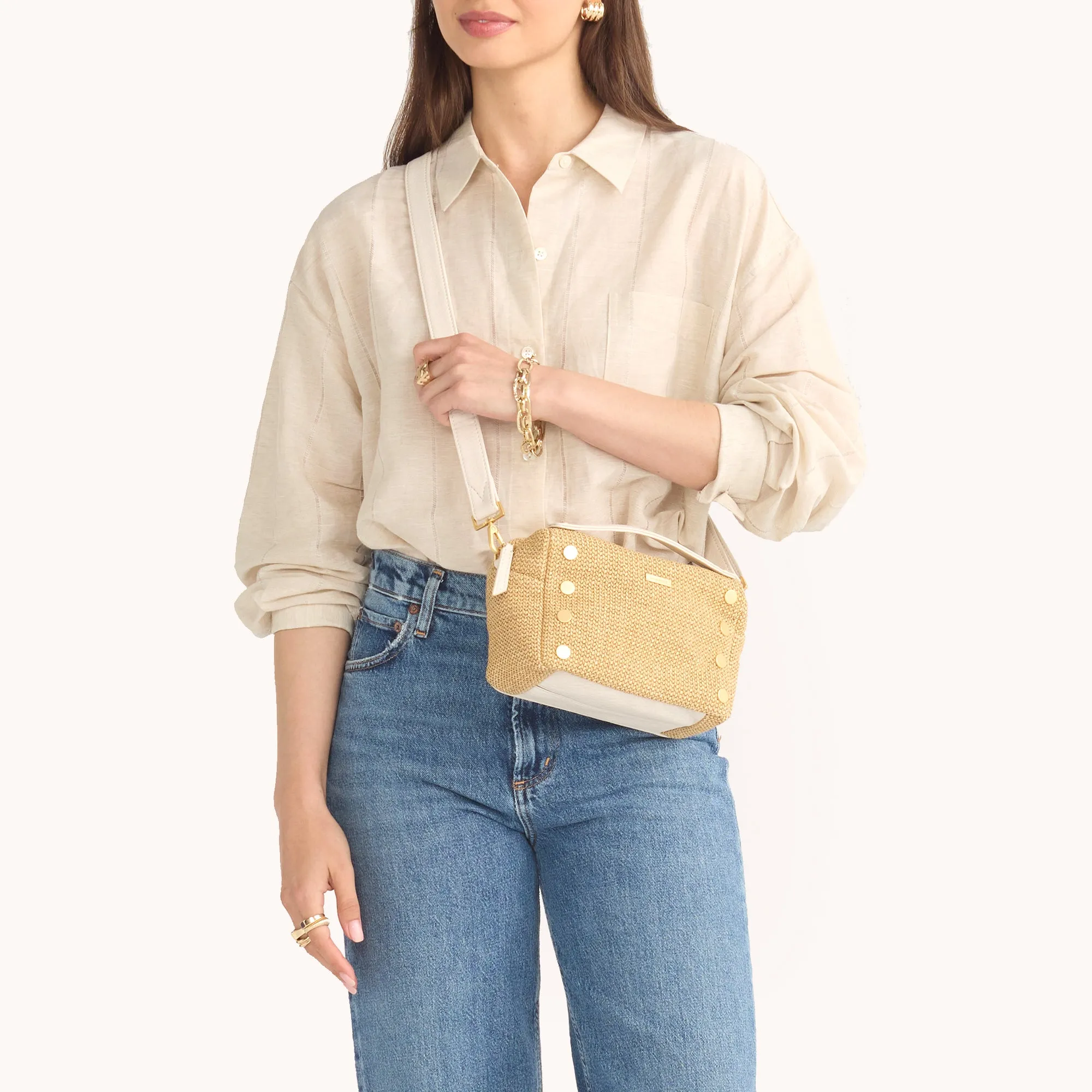Evan Crossbody | Calla Lily White Raffia/Brushed Gold | Sml