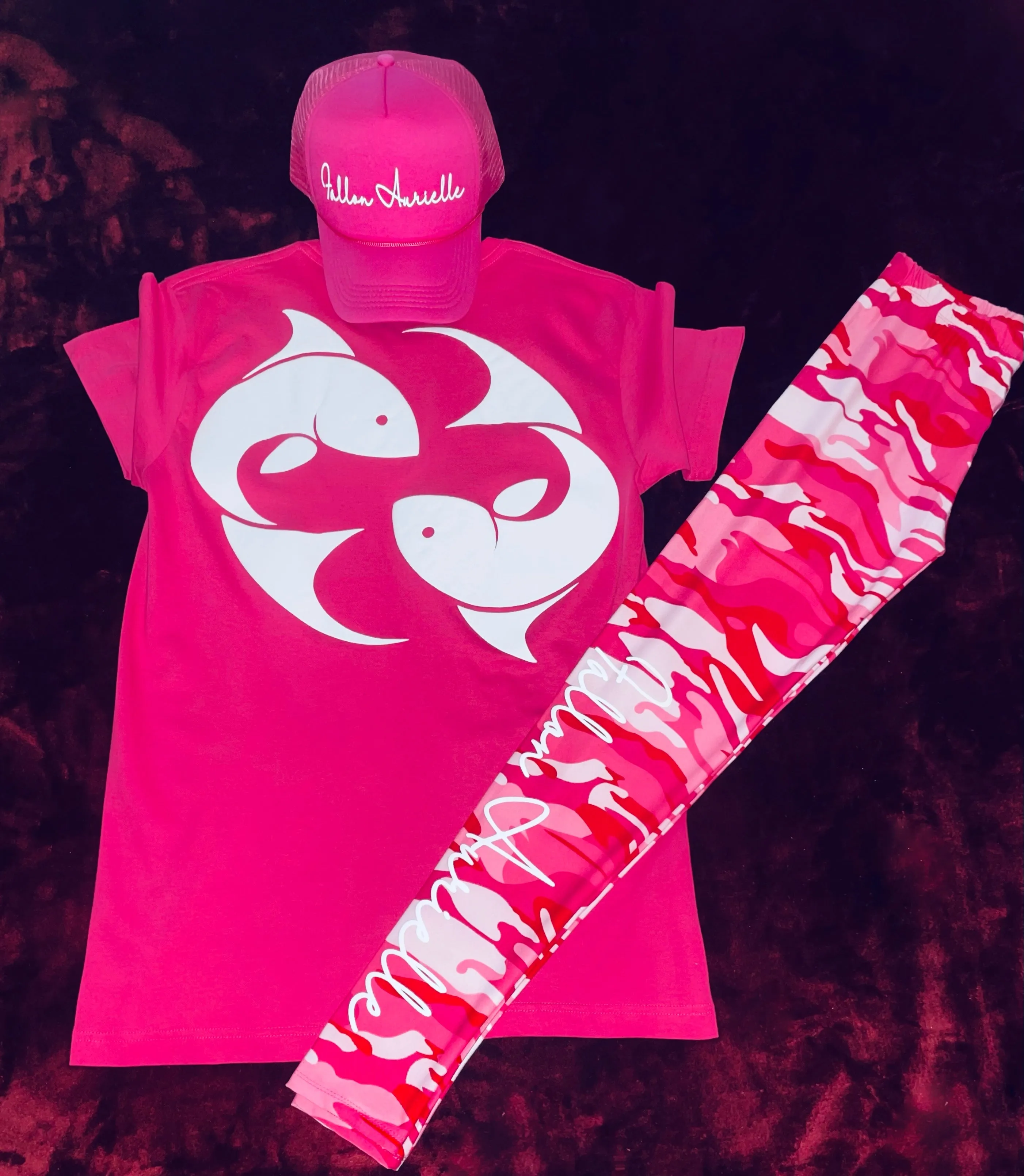 Fallon Aurielle Signature 3 Piece Pisces Logo & Name Zodiac Leggings Set (Neon Pink, Red & White)