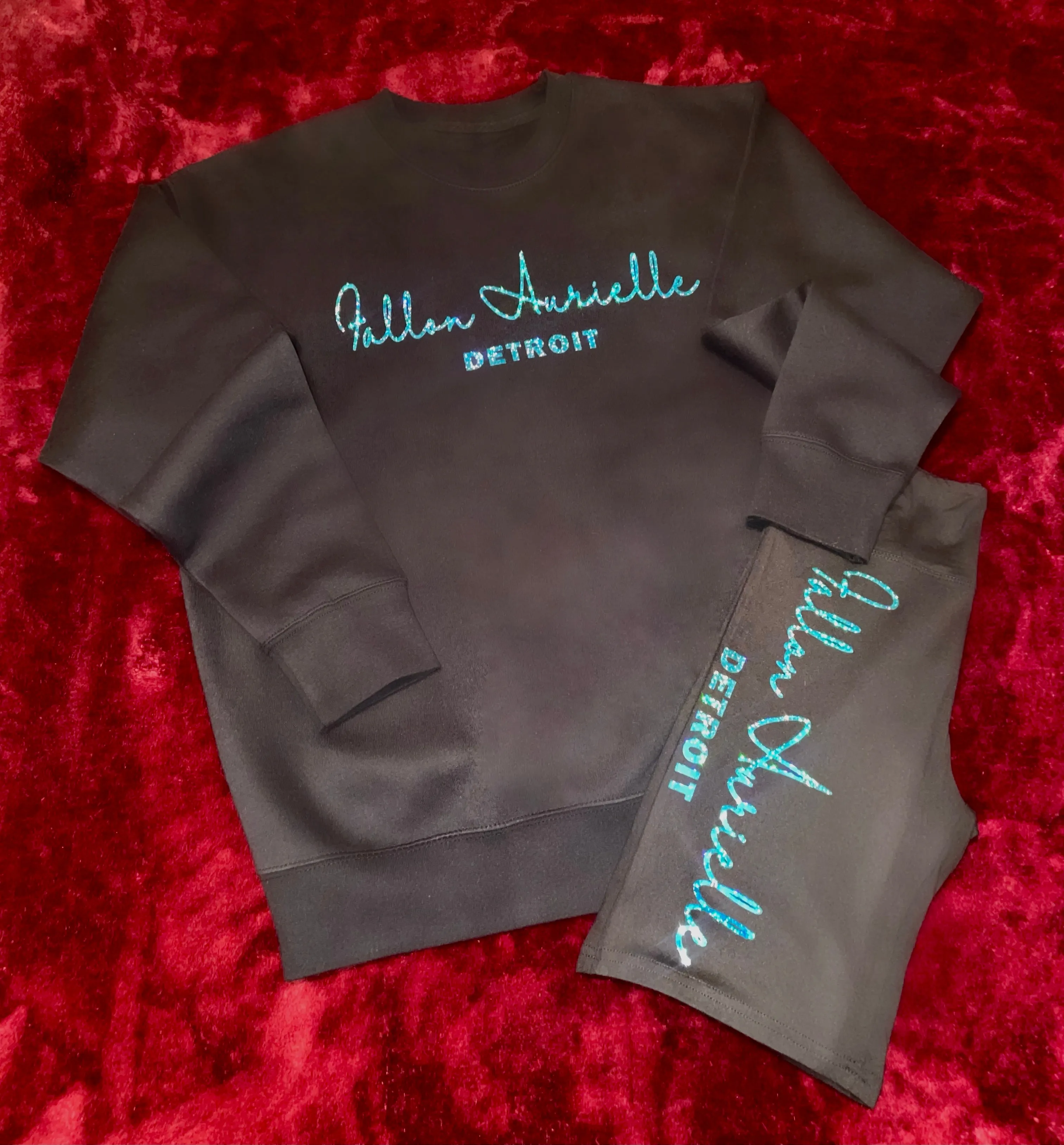 Fallon Aurielle Signature Crewneck Sweater Detroit Rep Yo Set Biker Short Set (Black & Blue Sparkle)