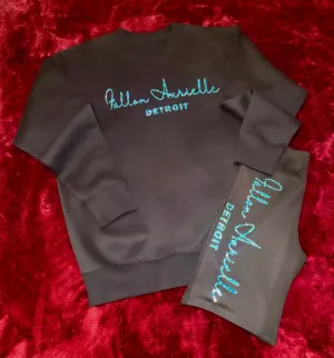 Fallon Aurielle Signature Crewneck Sweater Detroit Rep Yo Set Biker Short Set (Black & Blue Sparkle)