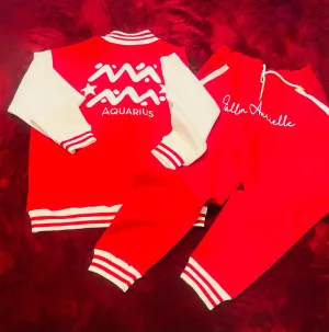 Fallon Aurielle Unisex Signature Aquarius Logo & Name Zodiac Jacket Jogging Set (Red & White)