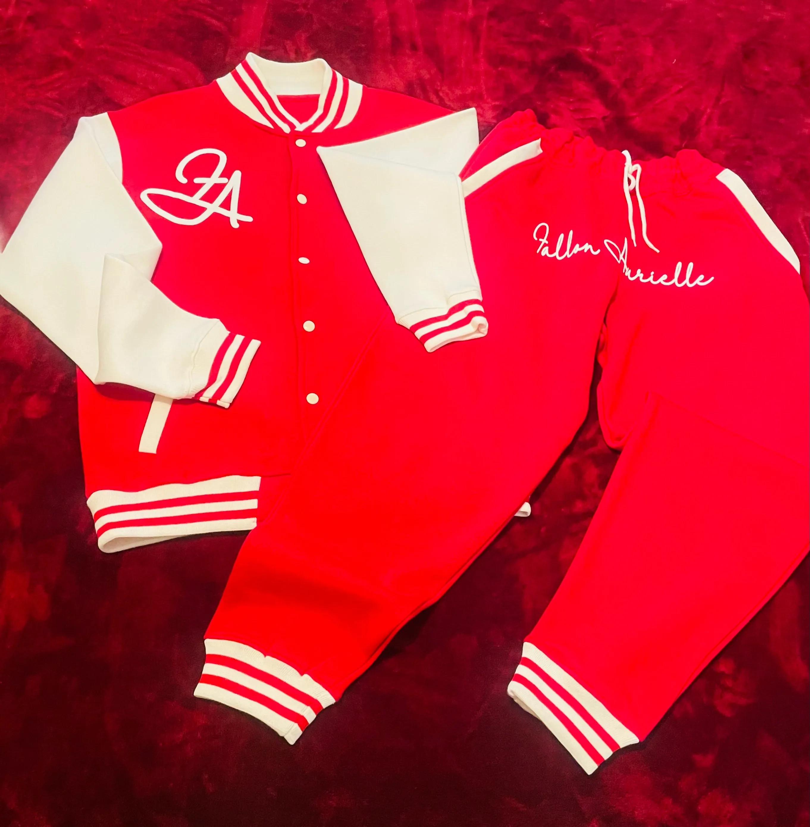 Fallon Aurielle Unisex Signature Aquarius Logo & Name Zodiac Jacket Jogging Set (Red & White)
