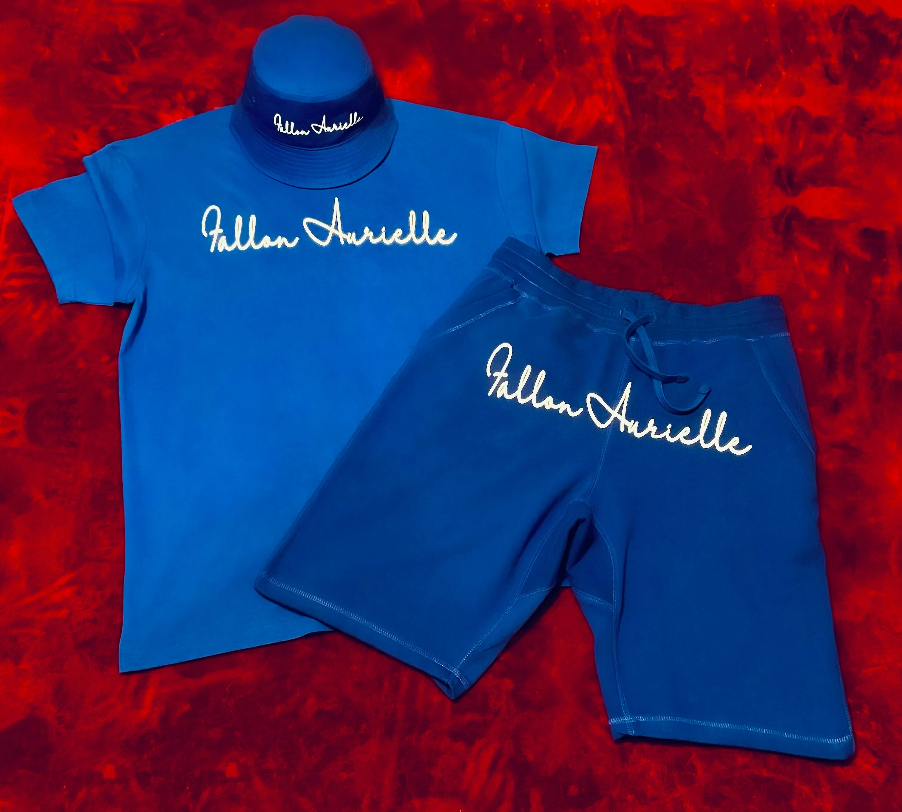 Fallon Aurielle Unisex Signature V-Neck 3 Piece Leo Logo & Name Zodiac Short Set (Royal Blue & White)