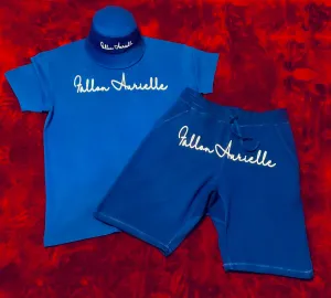 Fallon Aurielle Unisex Signature V-Neck 3 Piece Leo Logo & Name Zodiac Short Set (Royal Blue & White)