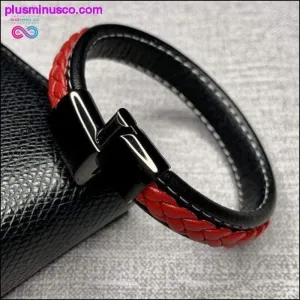 Fashion Black Red Leather Bracelets Men Wrist Band Stainless