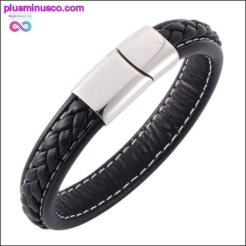 Fashion Black Red Leather Bracelets Men Wrist Band Stainless