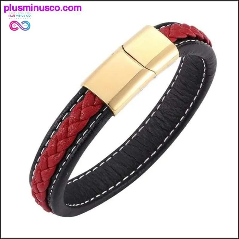 Fashion Black Red Leather Bracelets Men Wrist Band Stainless