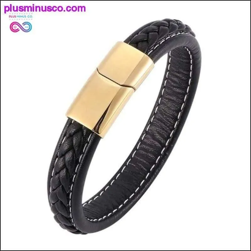 Fashion Black Red Leather Bracelets Men Wrist Band Stainless