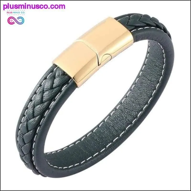 Fashion Black Red Leather Bracelets Men Wrist Band Stainless