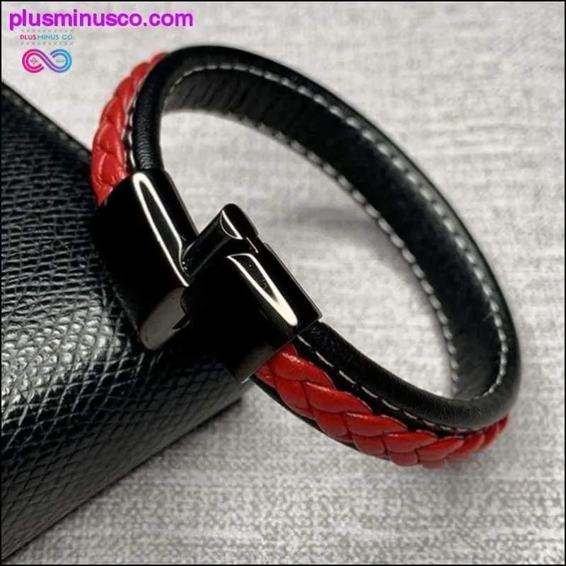 Fashion Black Red Leather Bracelets Men Wrist Band Stainless