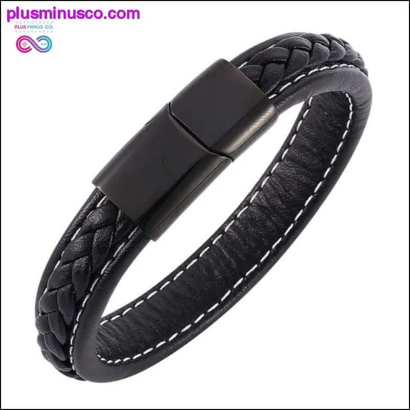 Fashion Black Red Leather Bracelets Men Wrist Band Stainless