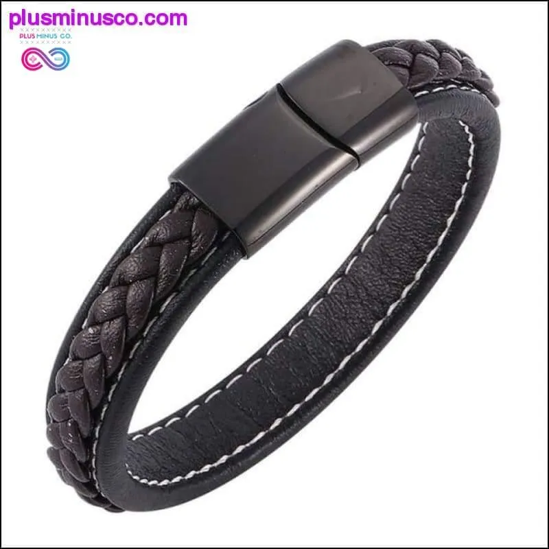 Fashion Black Red Leather Bracelets Men Wrist Band Stainless