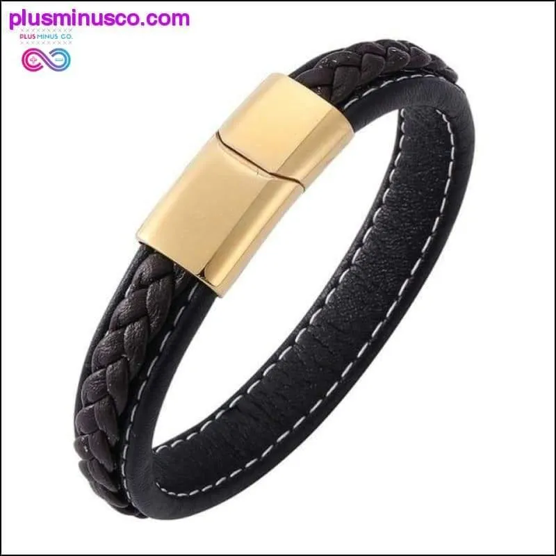 Fashion Black Red Leather Bracelets Men Wrist Band Stainless