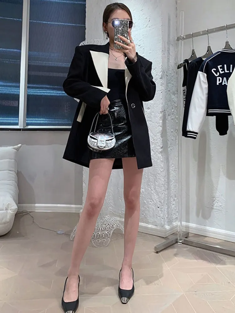 Fashion Patchwork Colorblock Blazer For Women Notched Collar