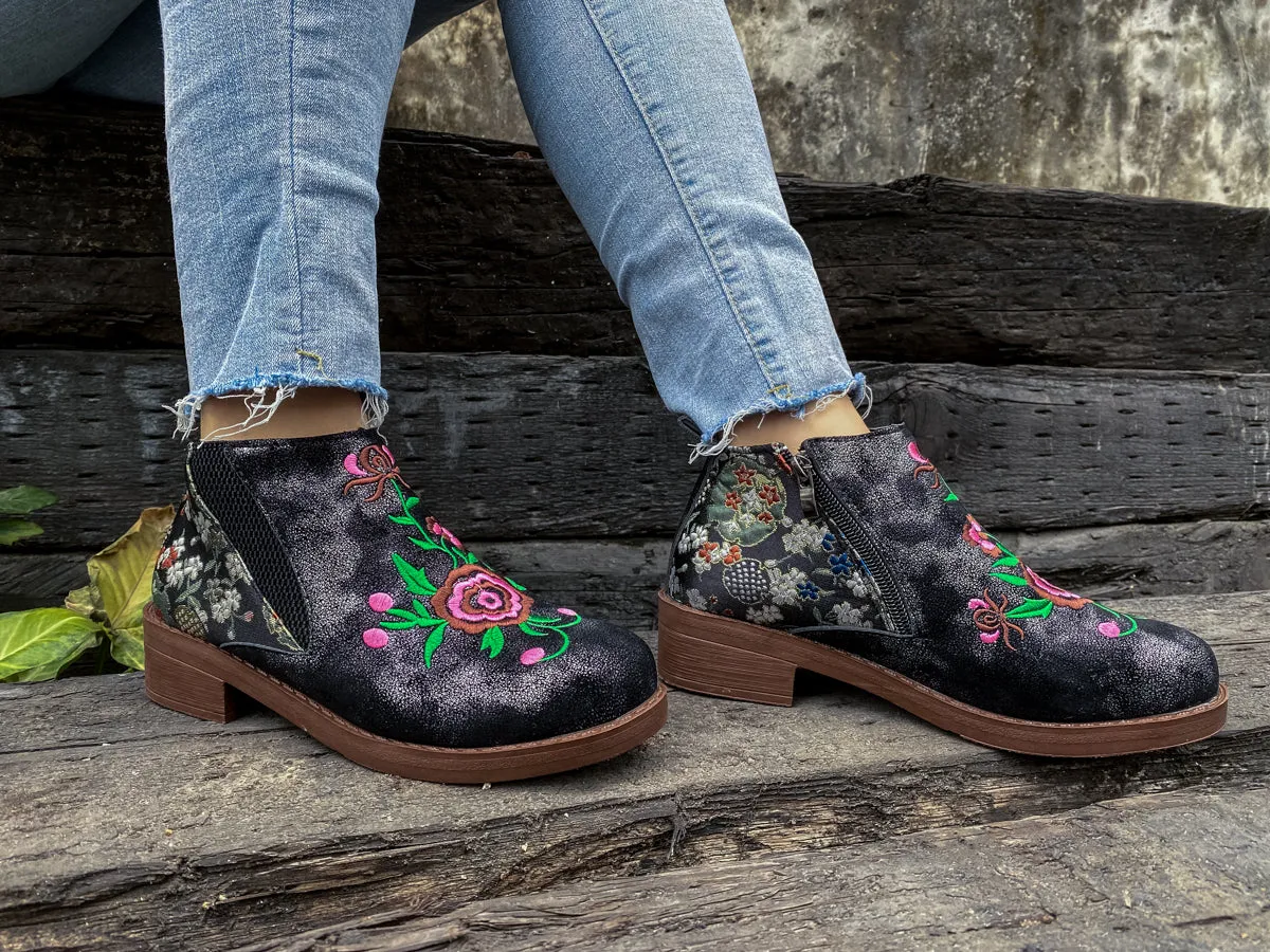 Floral Embroidered Ankle Booties