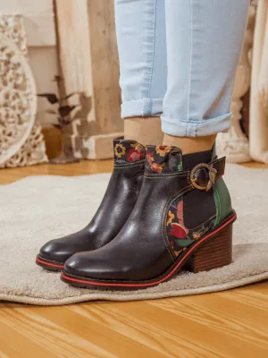 Floral Pattern Block Heel Leather Ankle Boot
