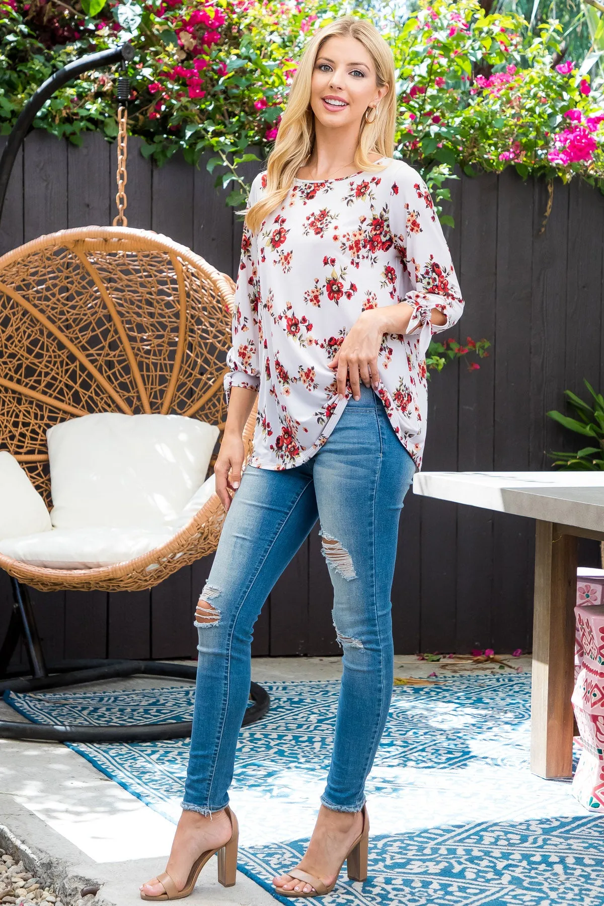 Floral Quarter Tie Knot Detail Sleeve Top
