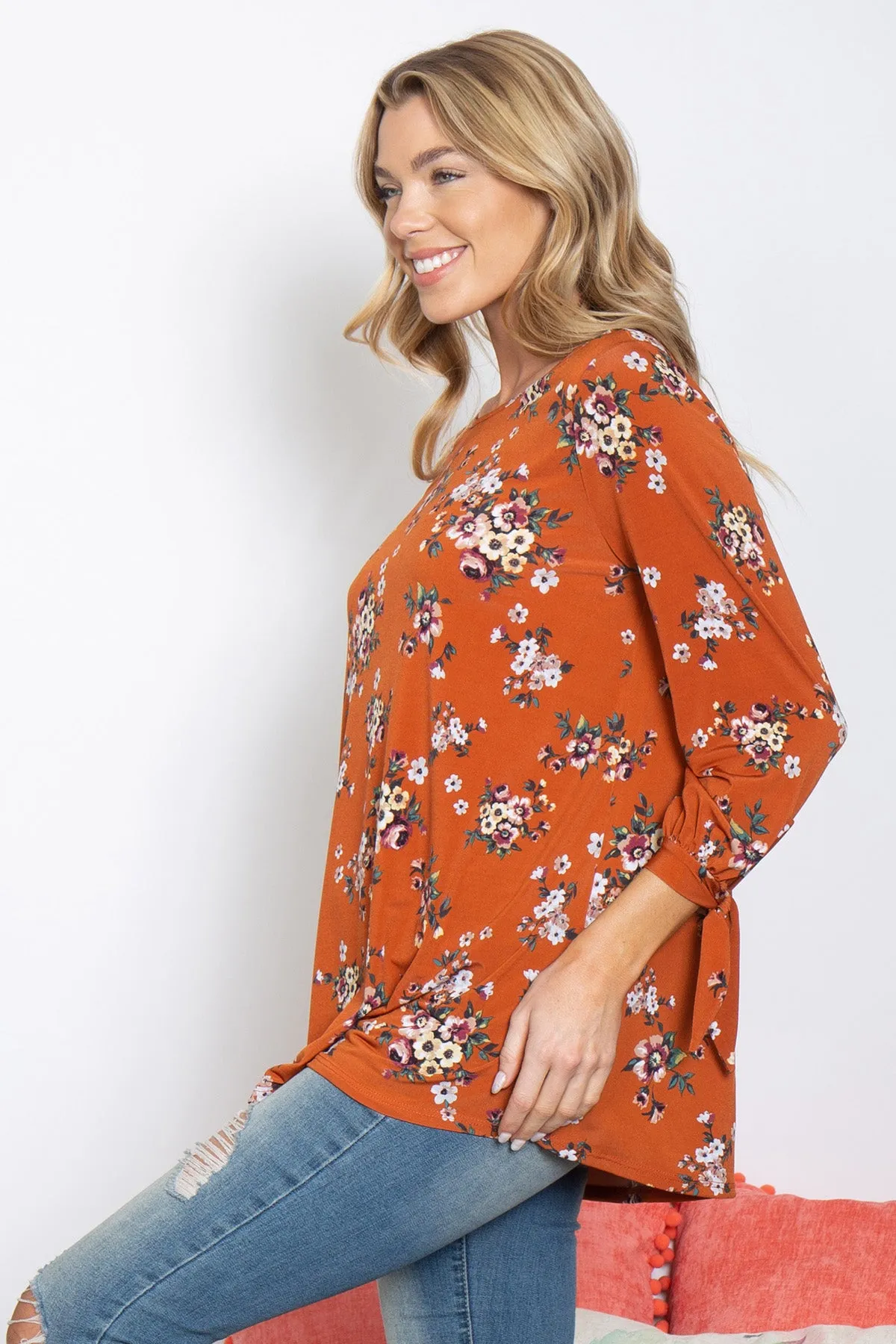 Floral Quarter Tie Knot Detail Sleeve Top