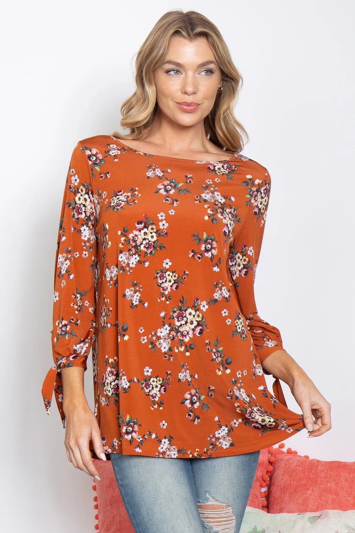 Floral Quarter Tie Knot Detail Sleeve Top