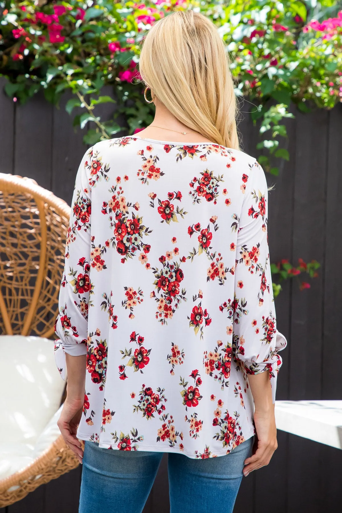 Floral Quarter Tie Knot Detail Sleeve Top