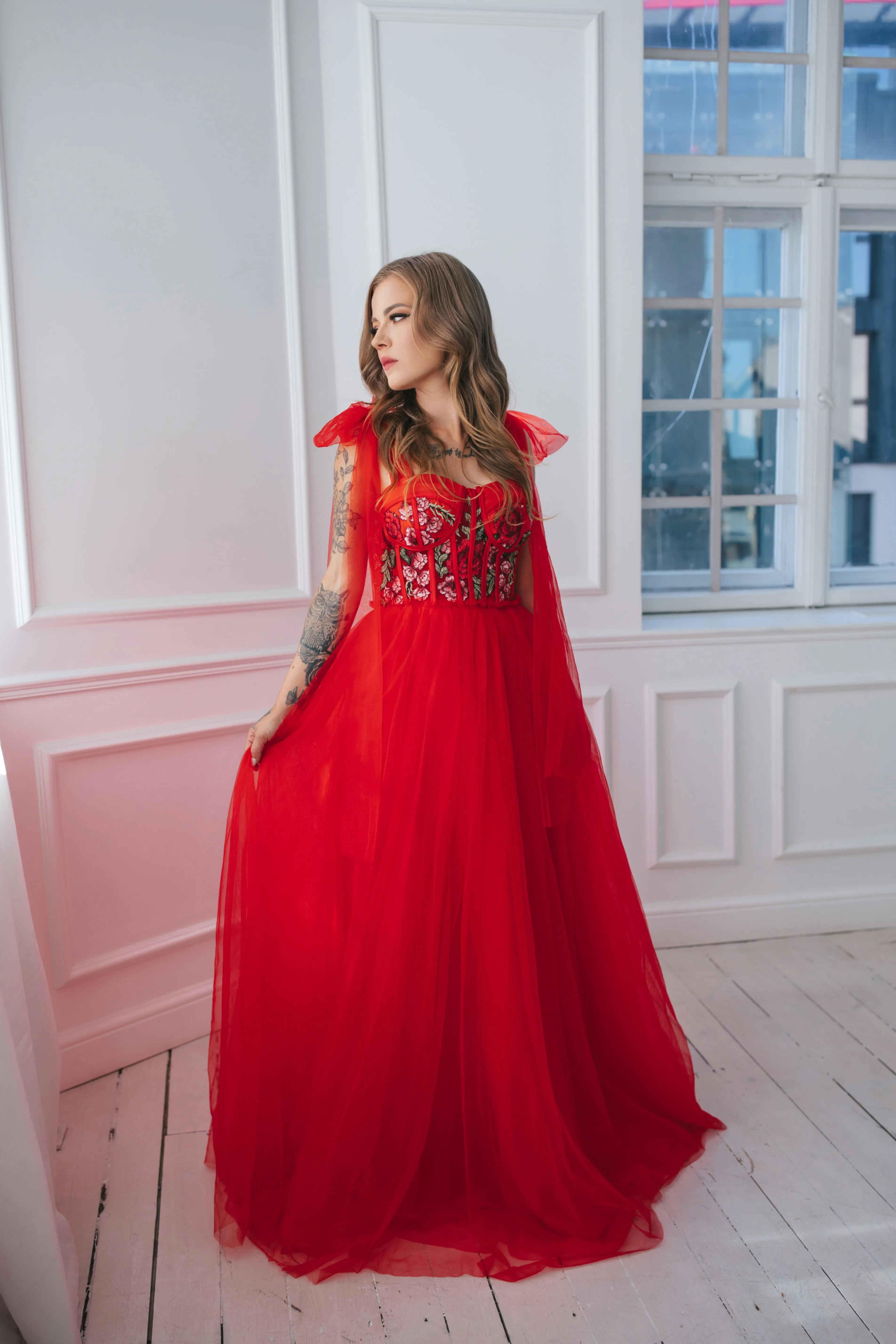 Floral Tulle Gown With Bow Ties