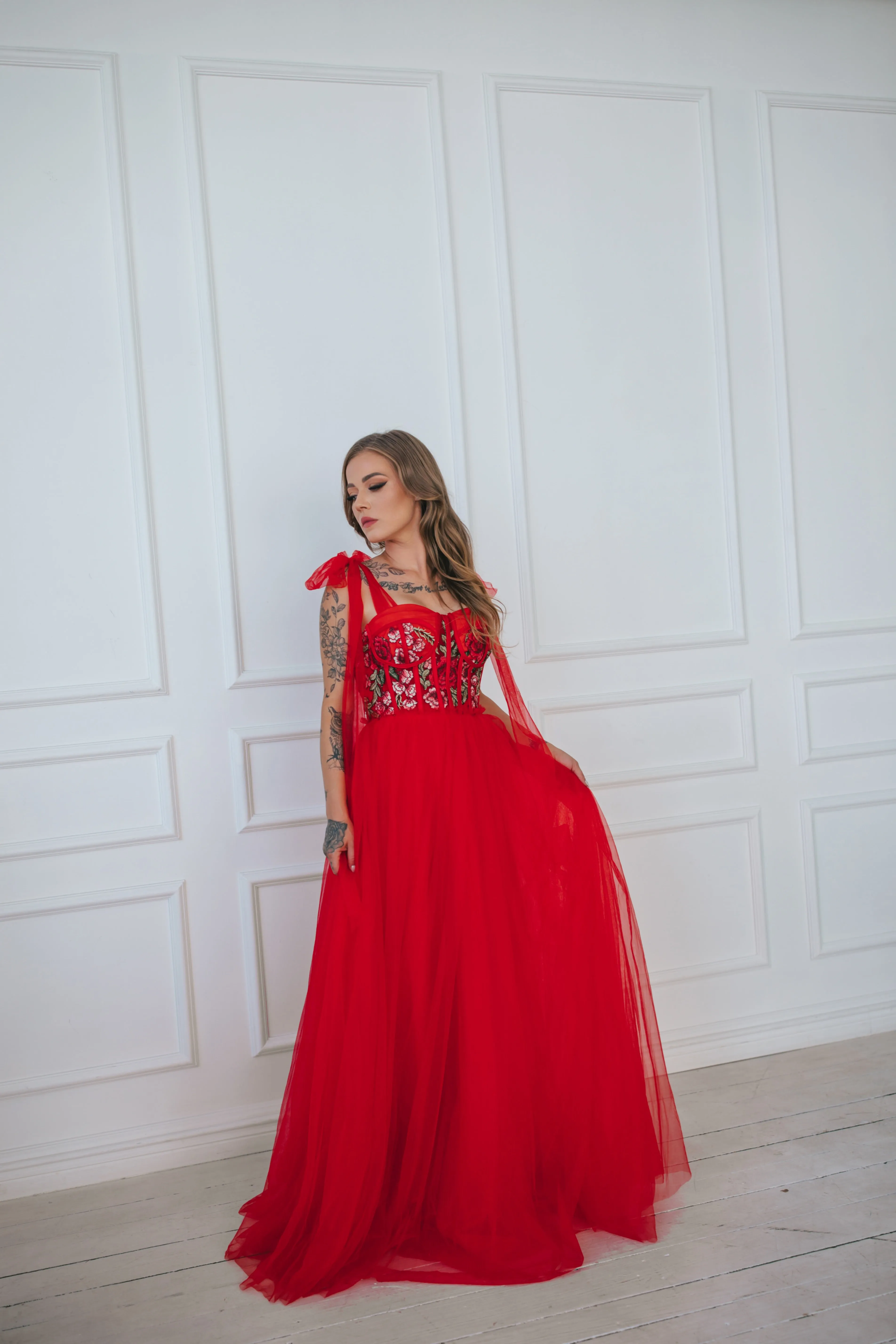 Floral Tulle Gown With Bow Ties