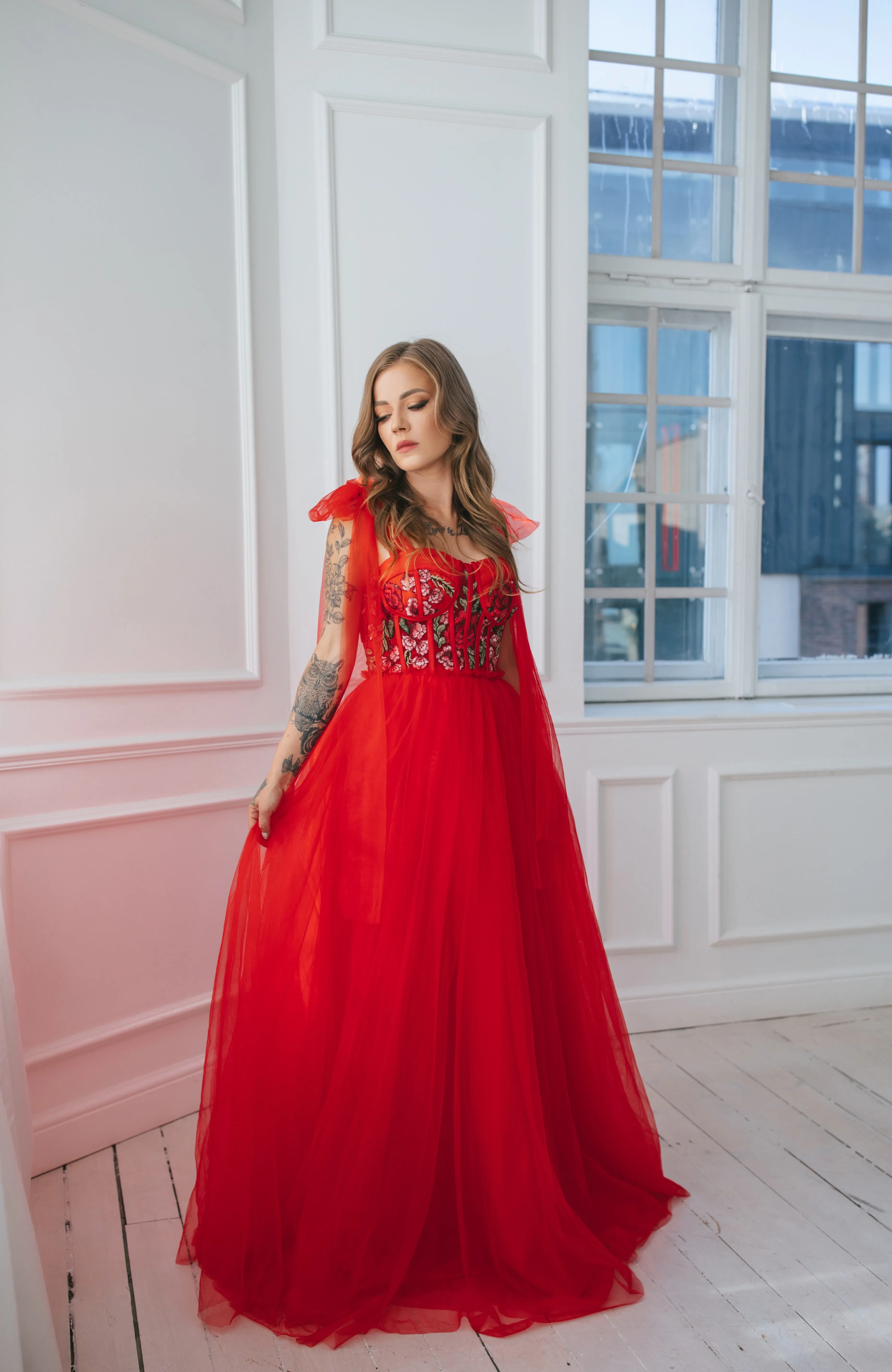 Floral Tulle Gown With Bow Ties