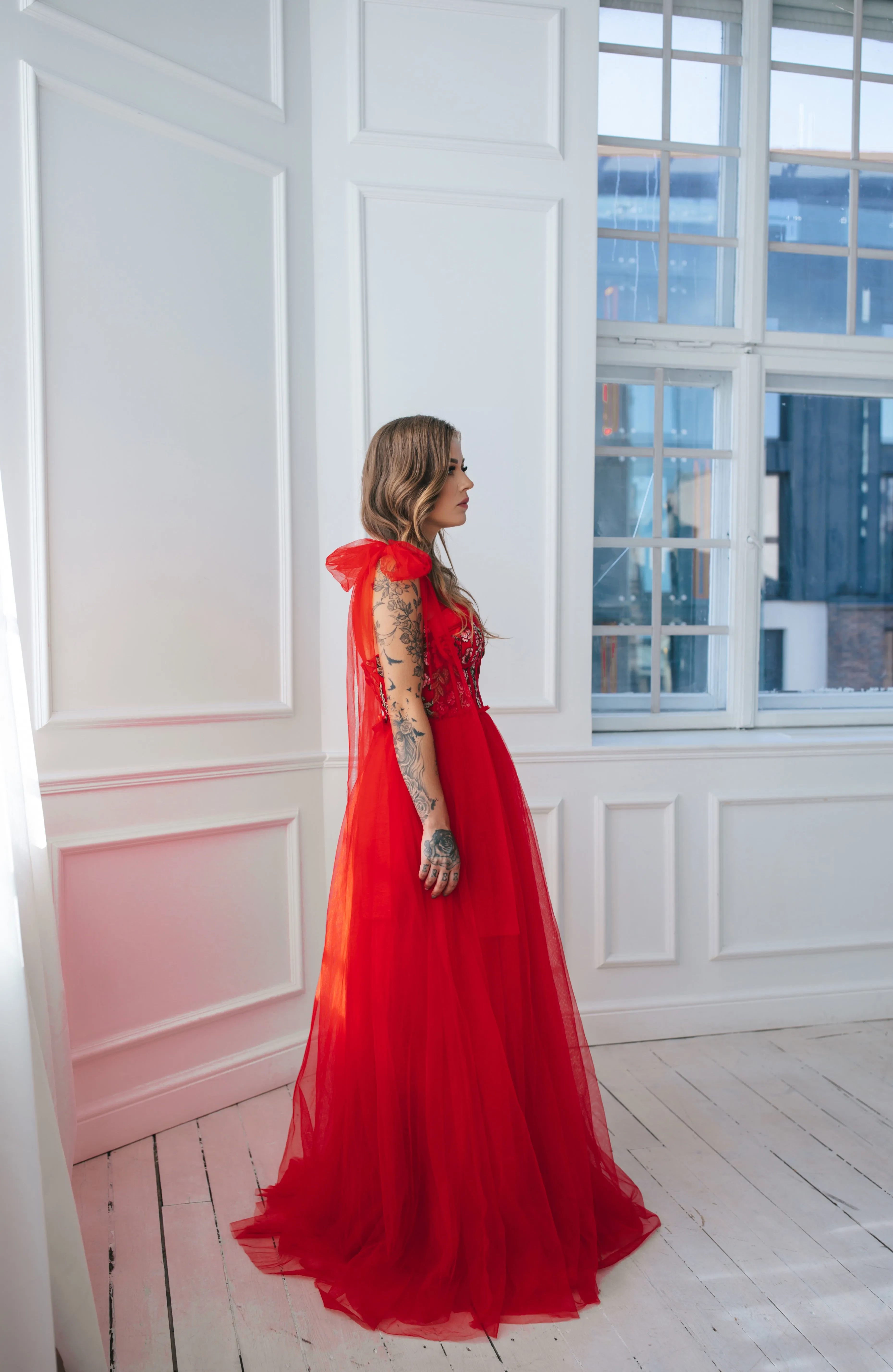 Floral Tulle Gown With Bow Ties