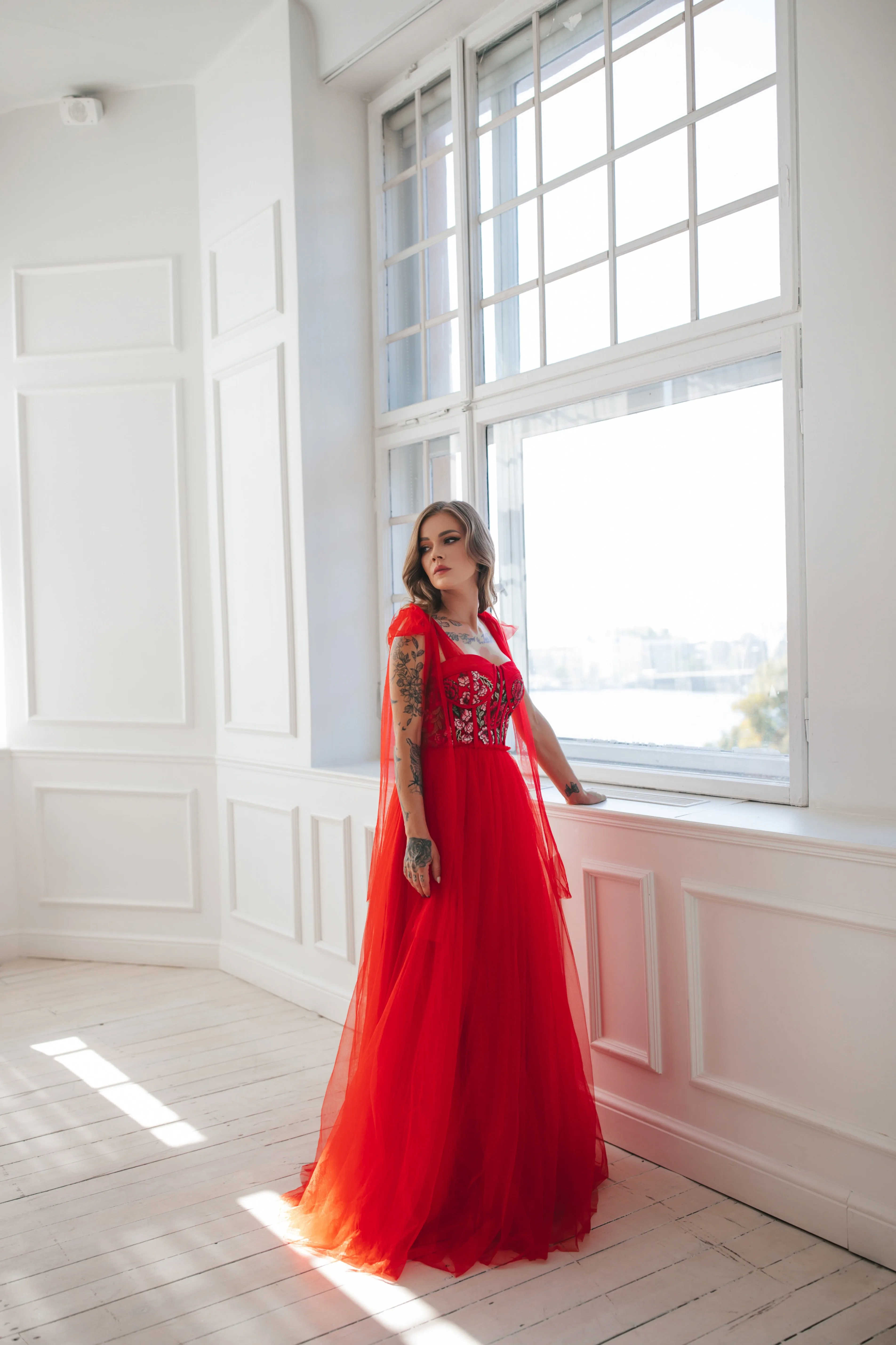 Floral Tulle Gown With Bow Ties