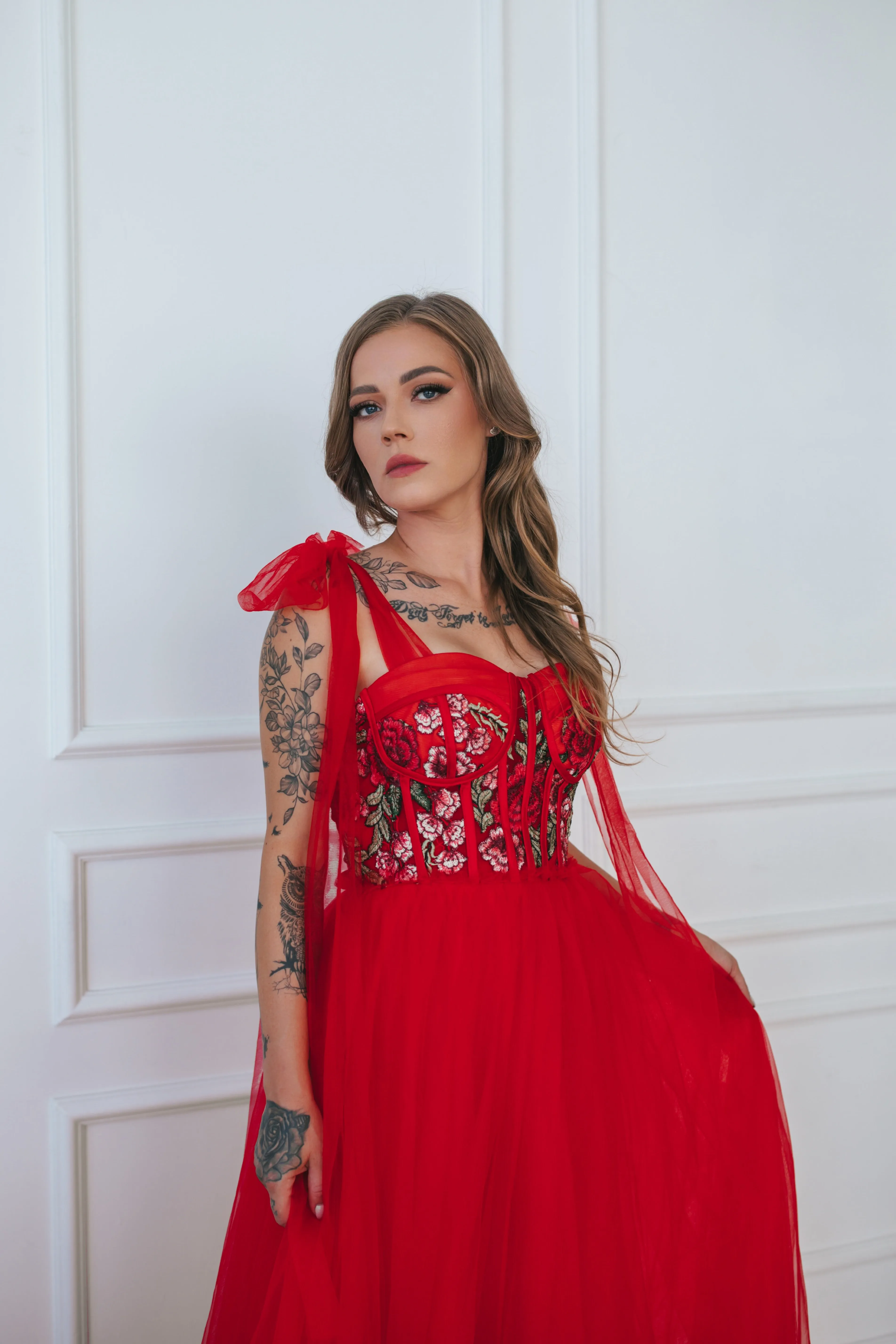 Floral Tulle Gown With Bow Ties