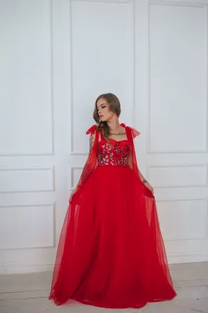 Floral Tulle Gown With Bow Ties