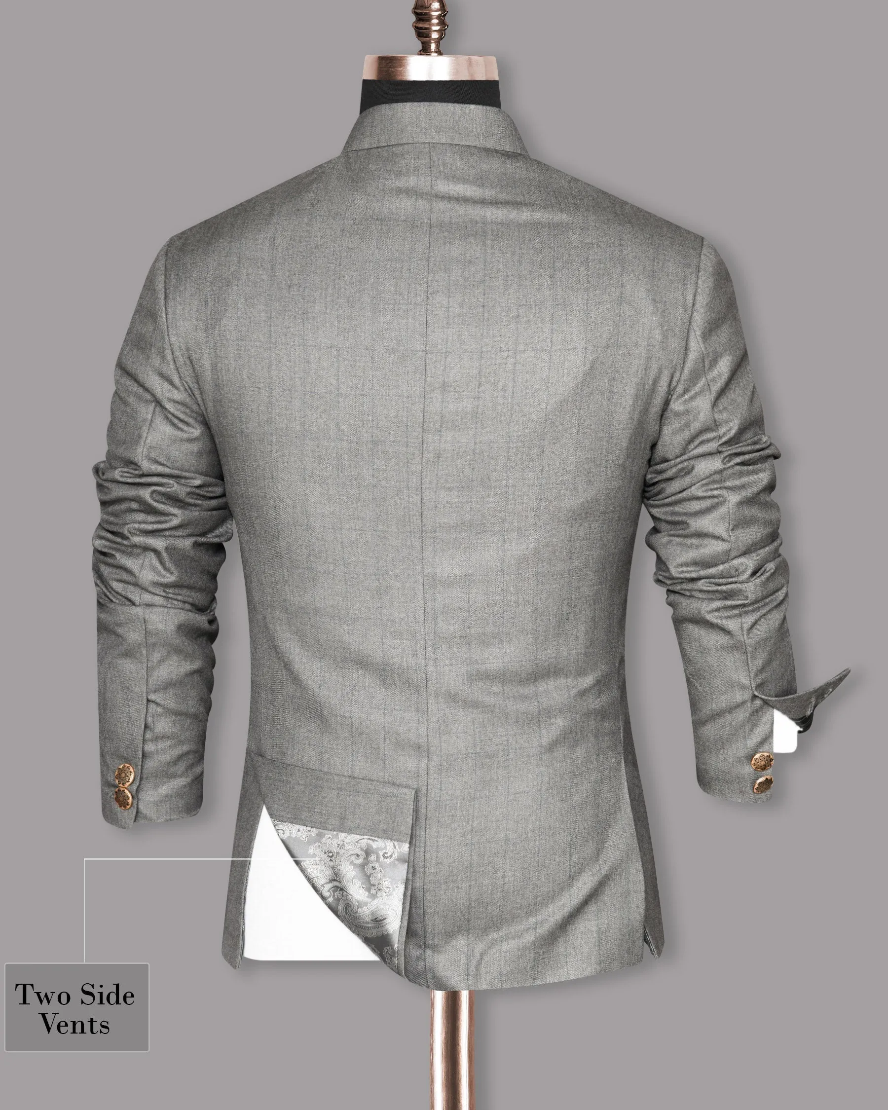 Fog Grey textured Cross Buttoned Bandhgala/Mandarin Wool-Silk blend Blazer