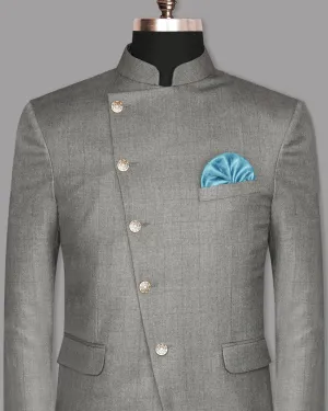 Fog Grey textured Cross Buttoned Bandhgala/Mandarin Wool-Silk blend Blazer