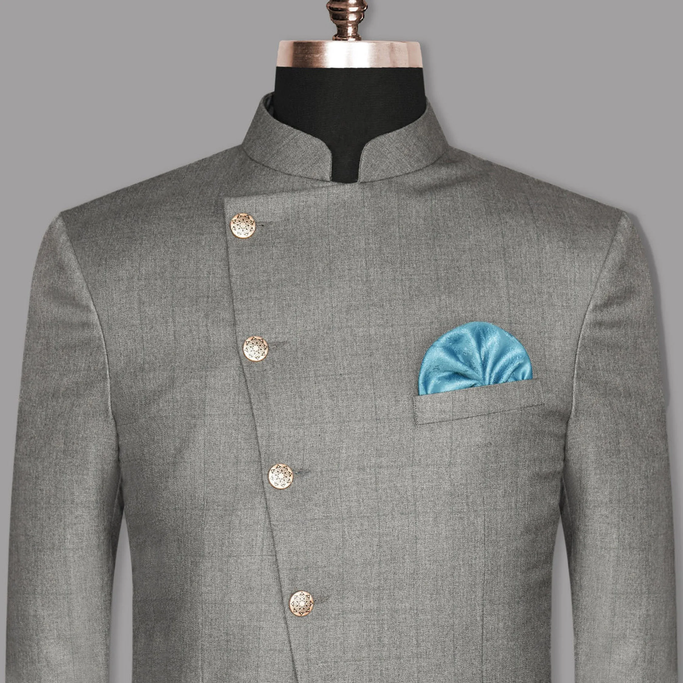 Fog Grey textured Cross Buttoned Bandhgala/Mandarin Wool-Silk blend Blazer