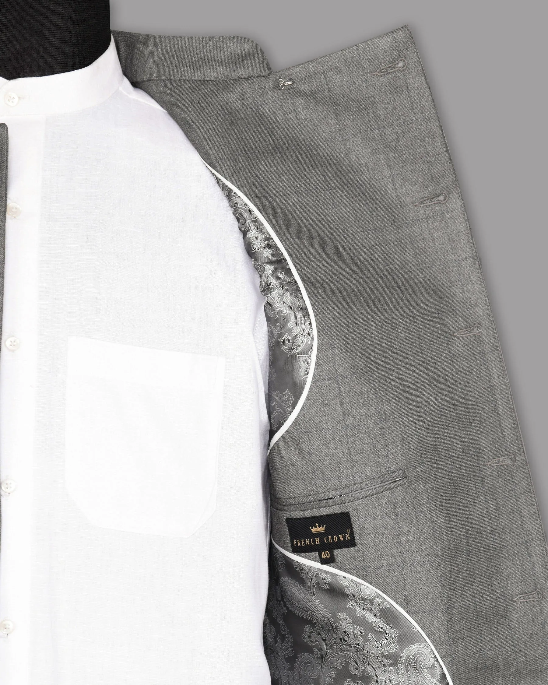 Fog Grey textured Cross Buttoned Bandhgala/Mandarin Wool-Silk blend Blazer