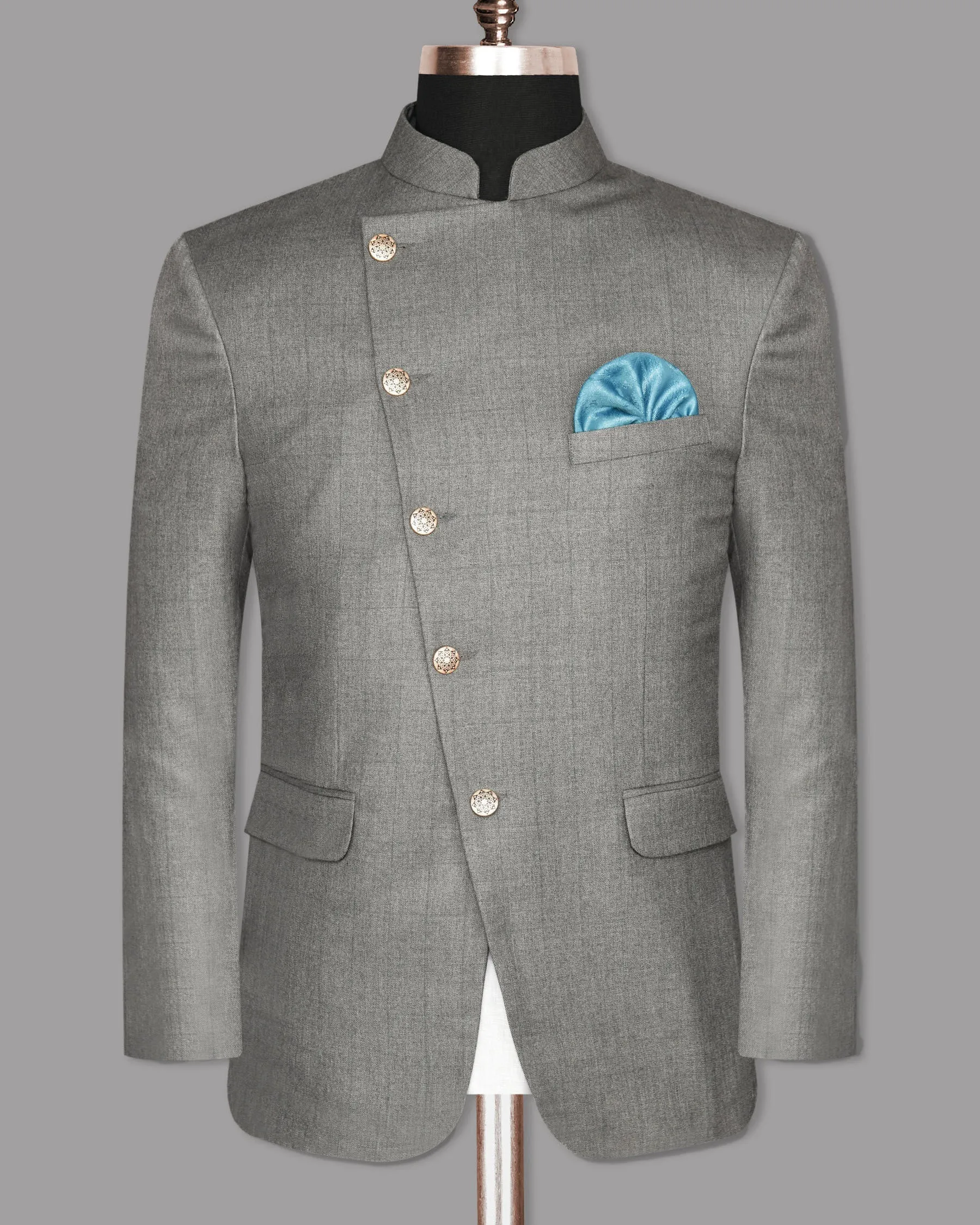 Fog Grey textured Cross Buttoned Bandhgala/Mandarin Wool-Silk blend Blazer