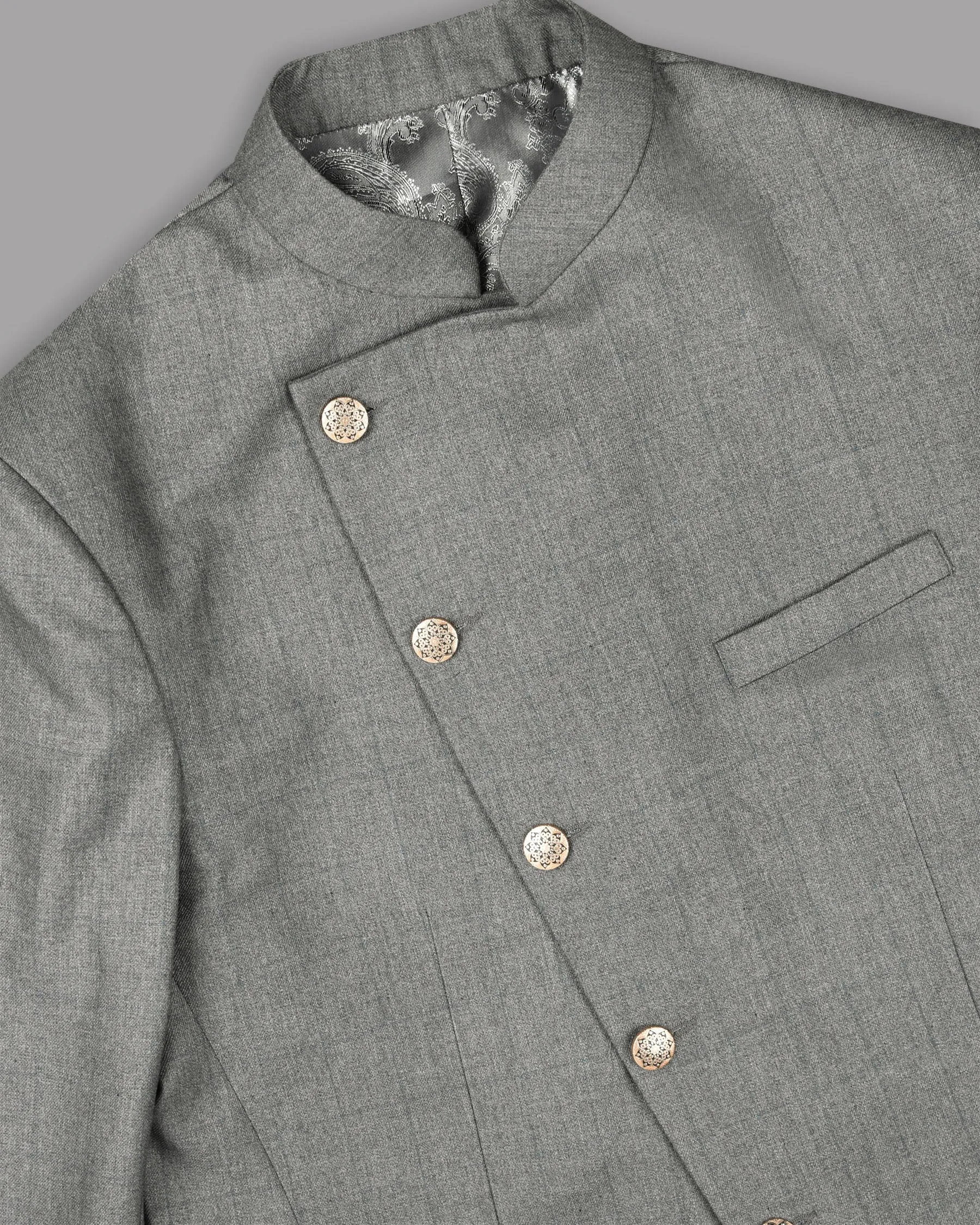 Fog Grey textured Cross Buttoned Bandhgala/Mandarin Wool-Silk blend Blazer