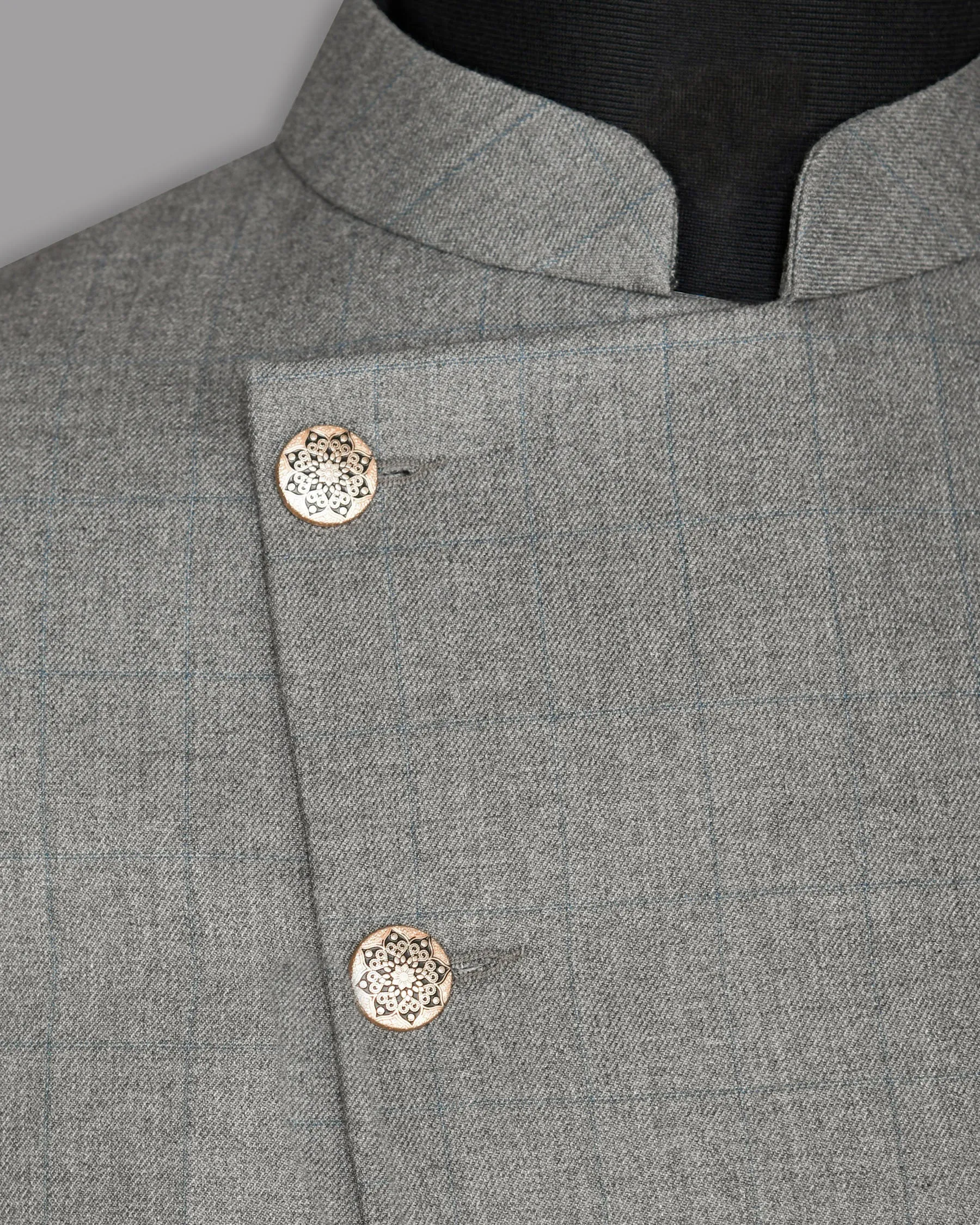 Fog Grey textured Cross Buttoned Bandhgala/Mandarin Wool-Silk blend Blazer