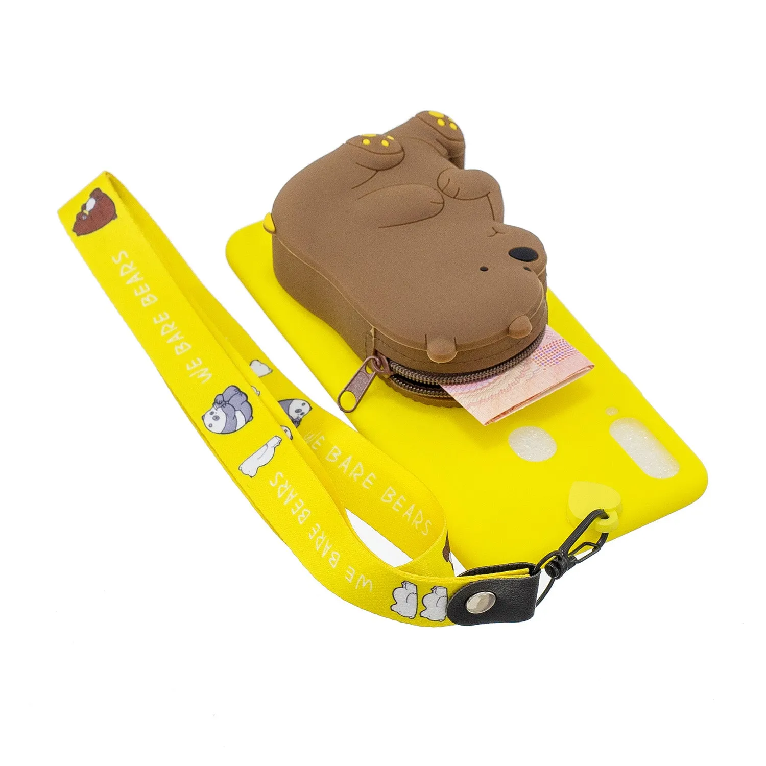 For Samsung A10S A20S TPU Full Protective Cartoon Mobile Phone Cover with Coin Purse Hanging Lanyard 1 yellow brown bear