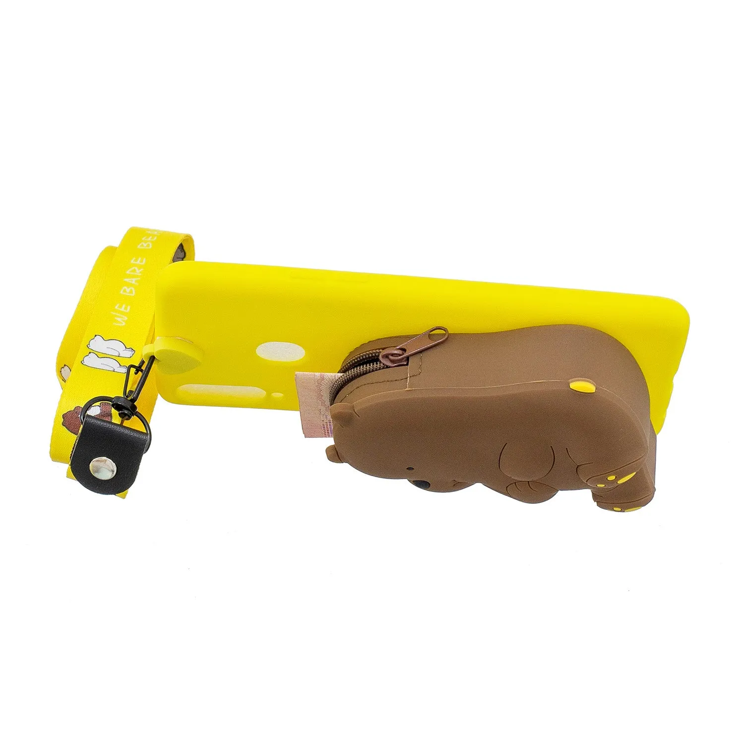 For Samsung A10S A20S TPU Full Protective Cartoon Mobile Phone Cover with Coin Purse Hanging Lanyard 1 yellow brown bear