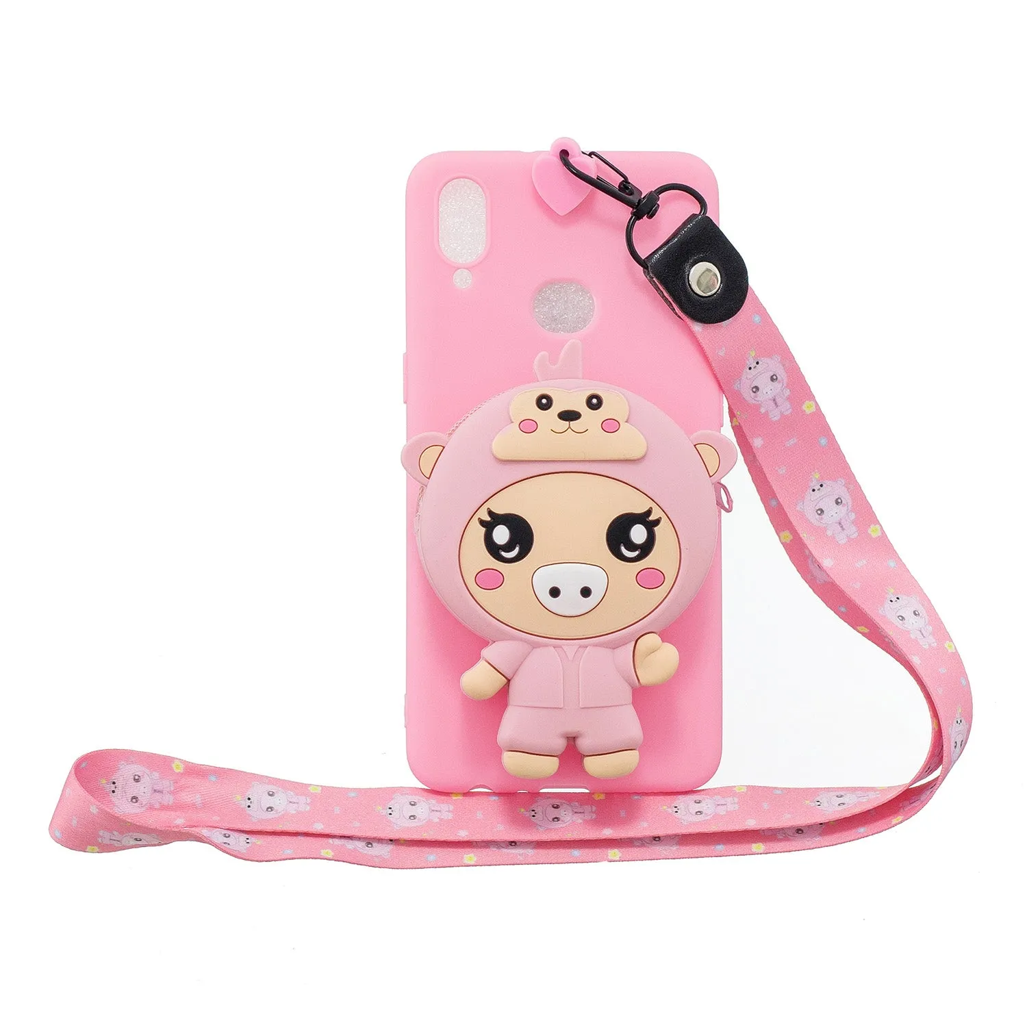 For Samsung A10S A20S TPU Full Protective Cartoon Mobile Phone Cover with Coin Purse Hanging Lanyard 1 yellow brown bear