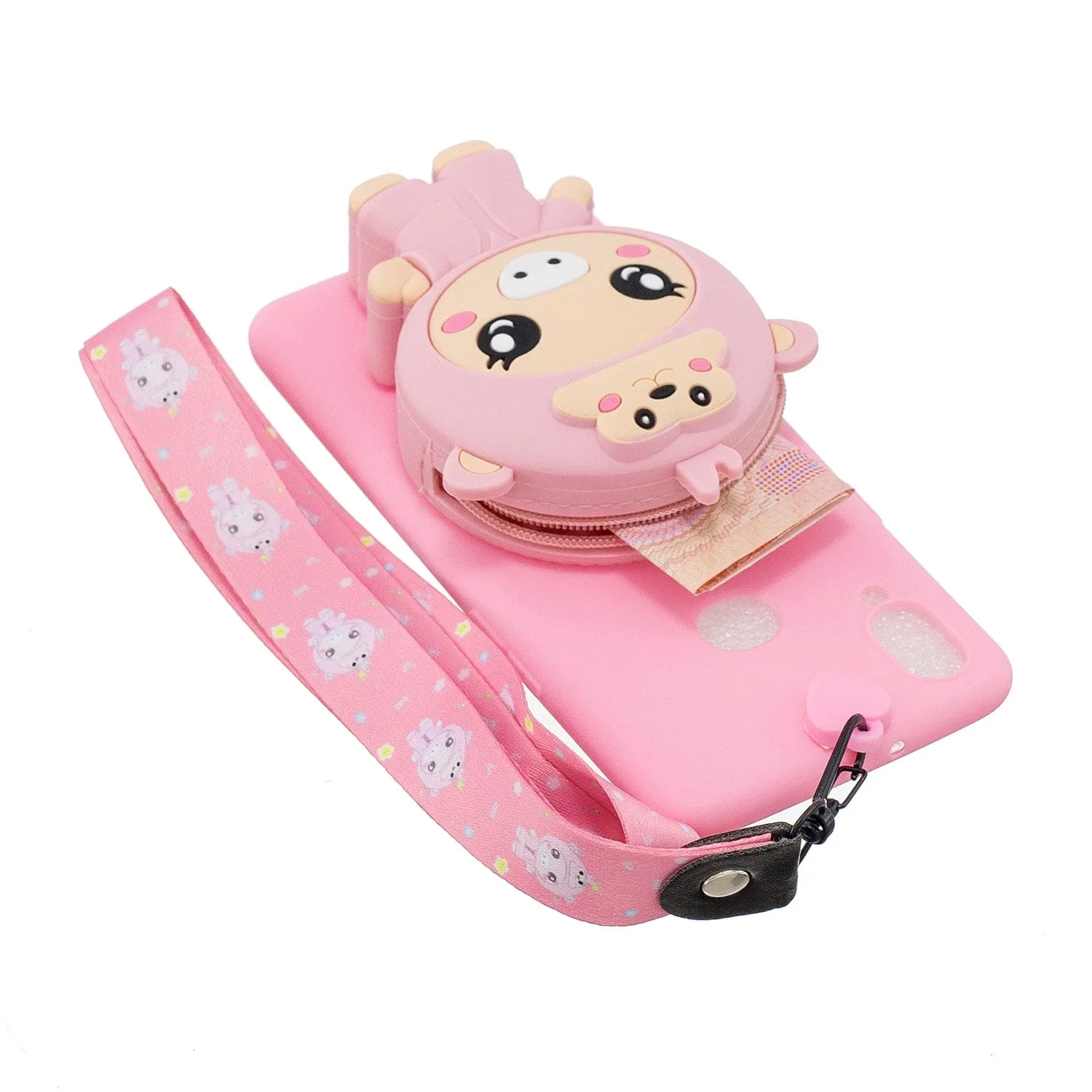 For Samsung A10S A20S TPU Full Protective Cartoon Mobile Phone Cover with Coin Purse Hanging Lanyard 1 yellow brown bear