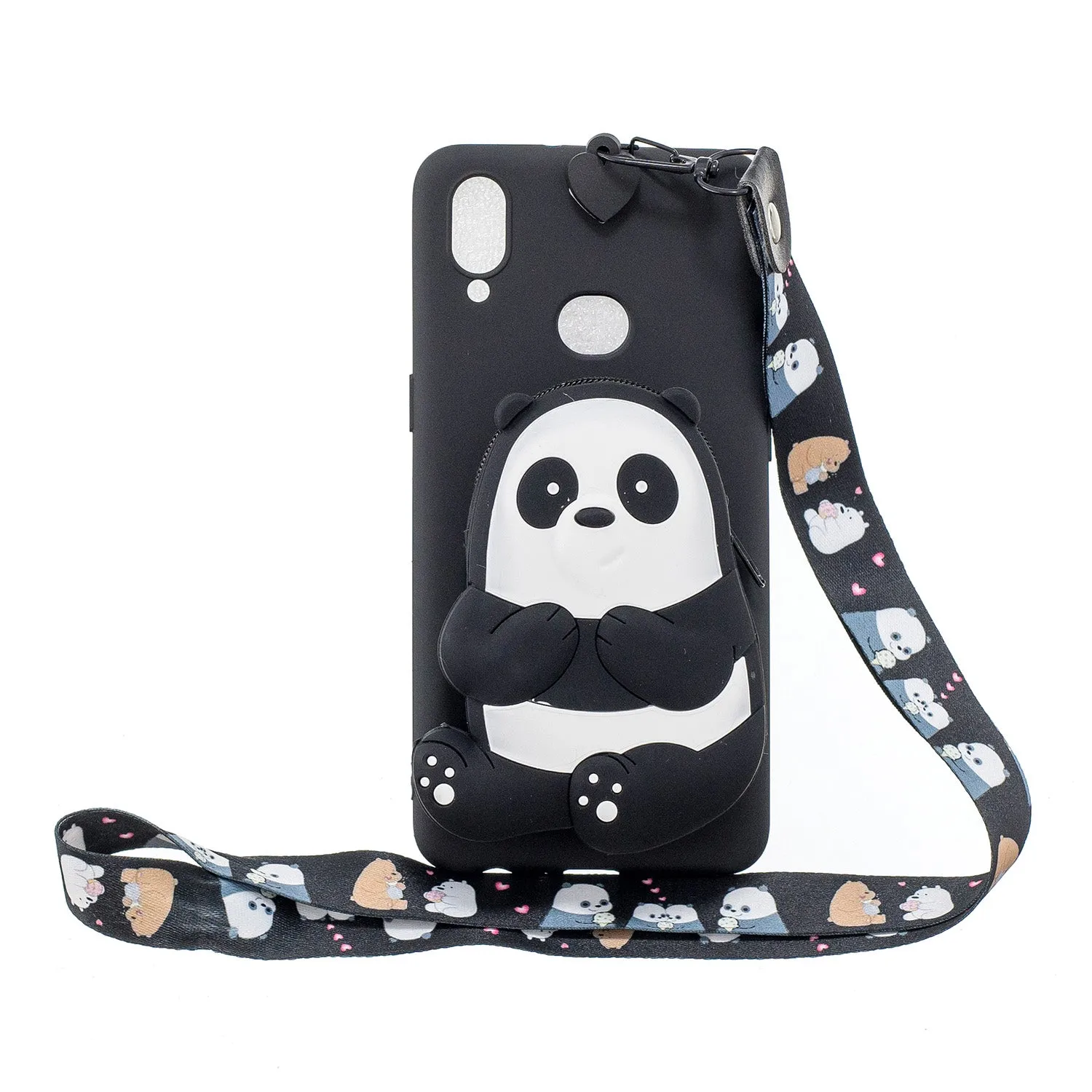 For Samsung A10S A20S TPU Full Protective Cartoon Mobile Phone Cover with Coin Purse Hanging Lanyard 4 black pandas