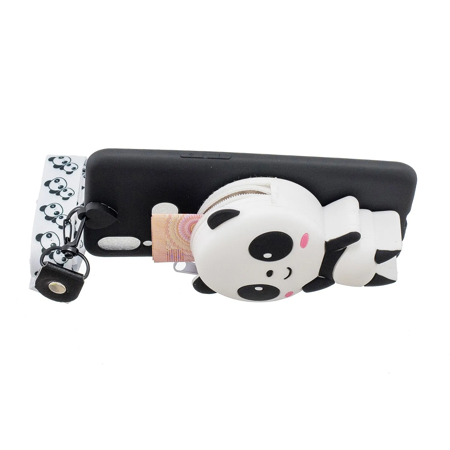 For Samsung A10S A20S TPU Full Protective Cartoon Mobile Phone Cover with Coin Purse Hanging Lanyard 4 black pandas