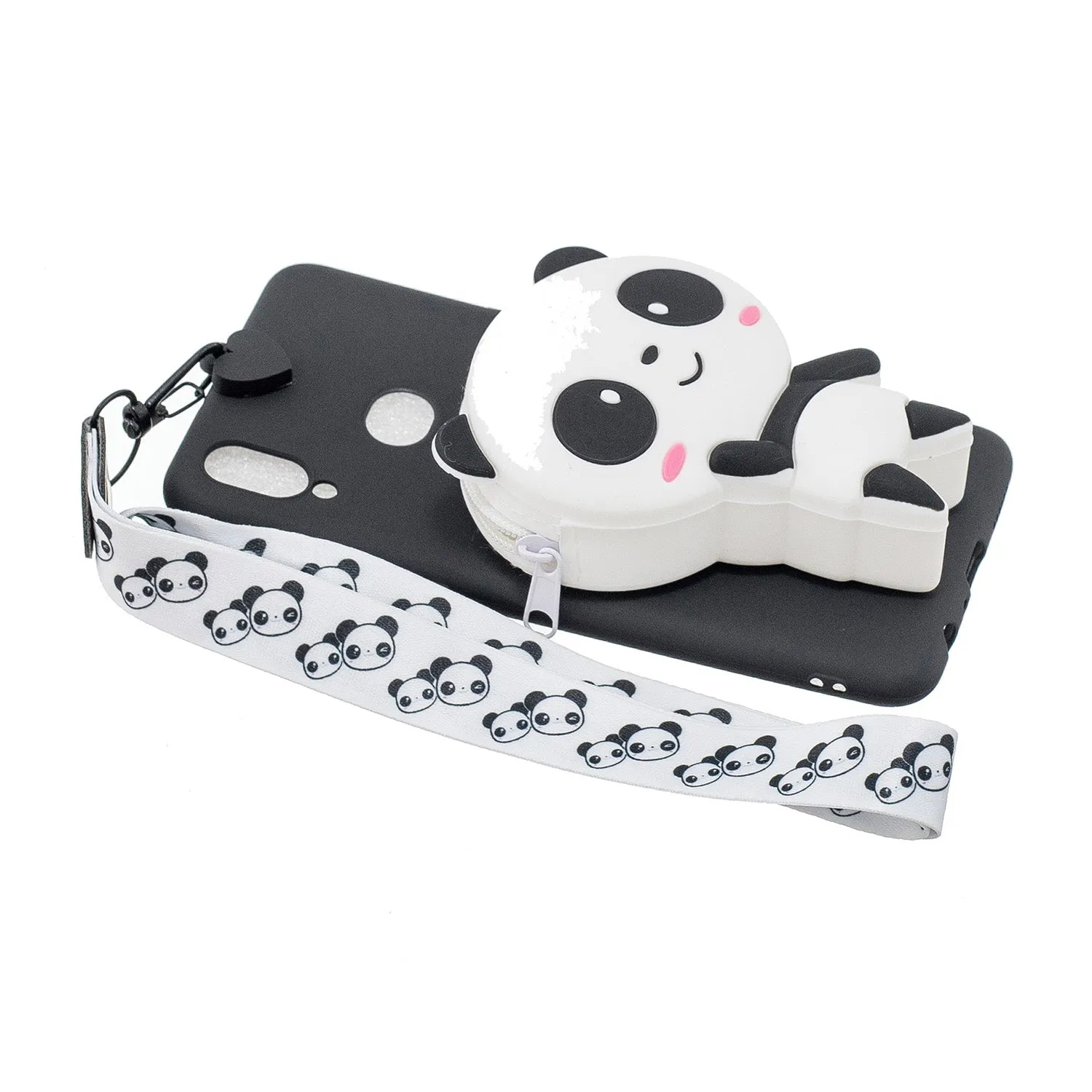 For Samsung A10S A20S TPU Full Protective Cartoon Mobile Phone Cover with Coin Purse Hanging Lanyard 4 black pandas